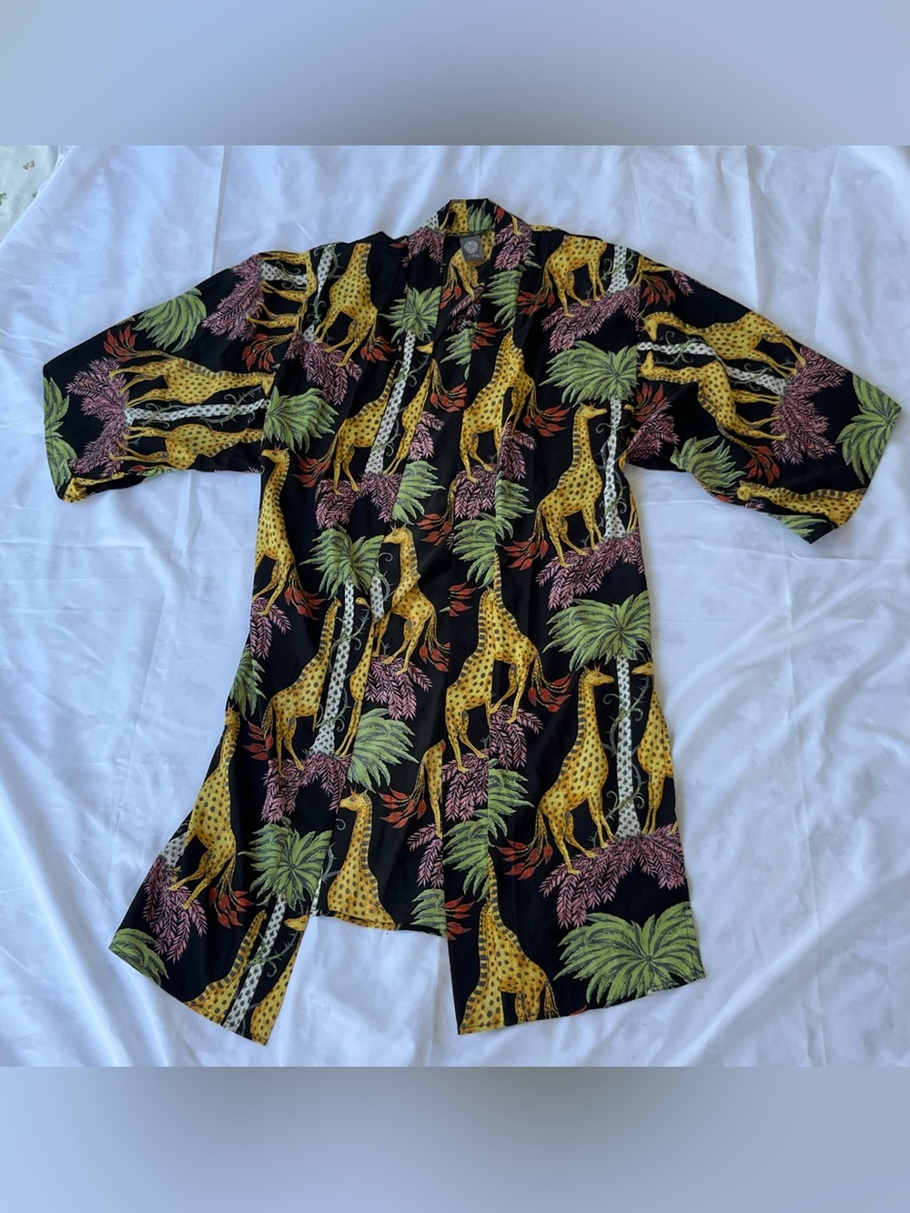 Vince Camuto Black Giraffe Print Robe with Yellow, Green & Pink Accents